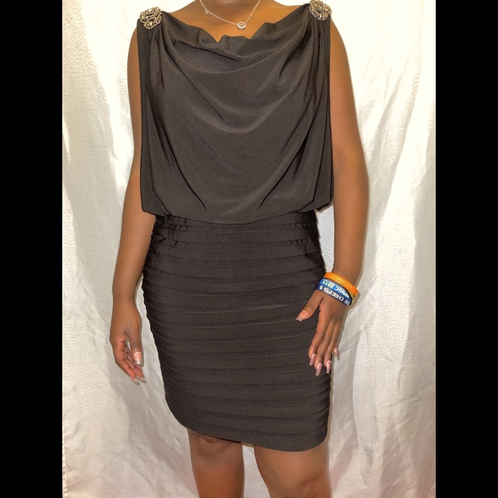 Black cow tong necked dress with rhinestones